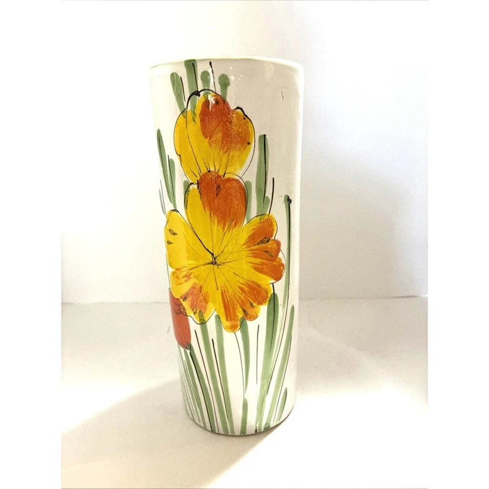 Vintage Italian Majolica-Style Hand Painted Terracotta Tall Cylinder Vase Poppy